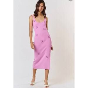 Rosette Ribbed Kit Sweater Midi Dress in Candy Pink